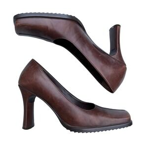 Aldo Brown Leather Square Toe Pumps Flared‎ Heel  Dark Academia Old Money 6.5–